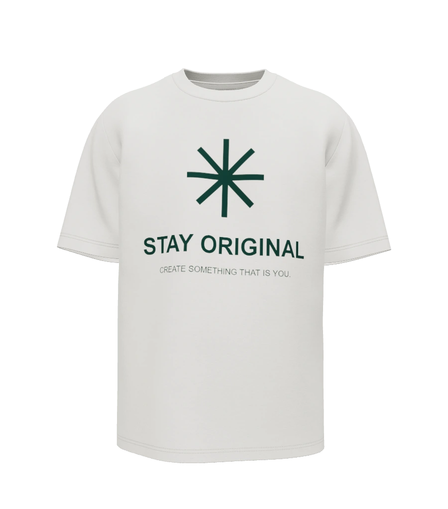 Chalk T-shirt with the Stay Original sample artwork, rendered in Threadform3D